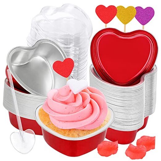 Heart Shaped Cake Pans 3.4oz Red Mini Aluminum Foil Baking Cups with 60 Pack