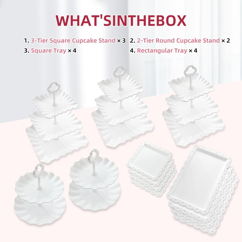 13PCS Cupcake Stand Set, 2-Tier Round & 3-Tier Square Trays, 4 Small Square +... gallery