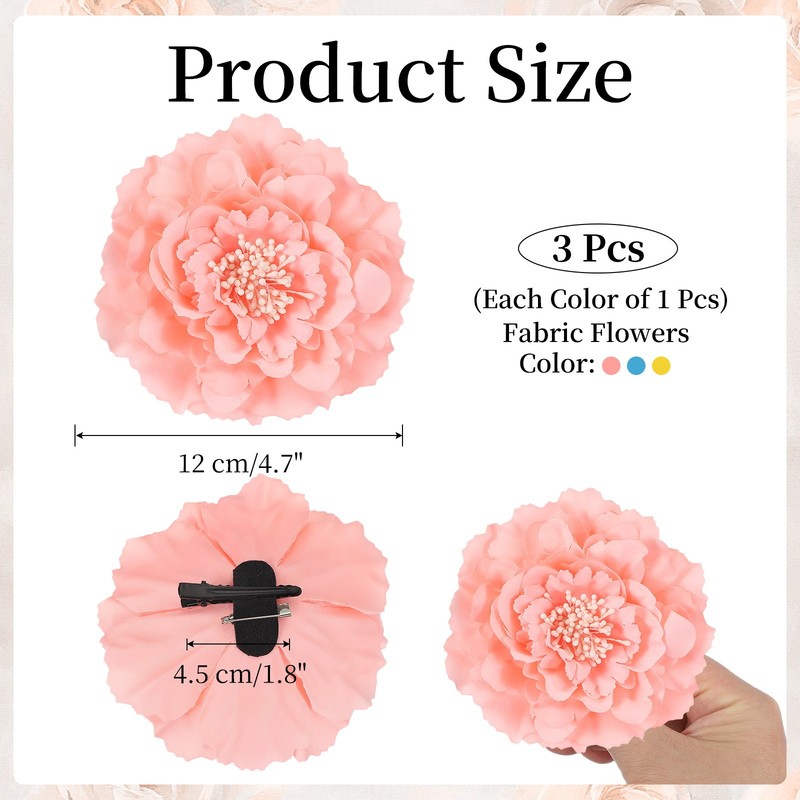 3 Pcs Peony Flowers Hair Clip, 4.7" Artificial Flower, Pink/Light Blue/Yellow gallery