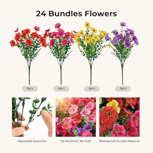 24 Bundles UV Resistant Silk Flowers for 24 Pcs Red Rose Red Purple Yellow gallery