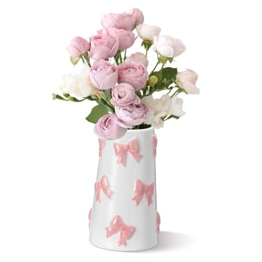 Embossed Ceramic Vase for Home Decor 7.1 Inch Cute Coquette Gifts for Pink Bow