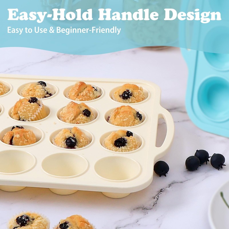 Silicone Mini Muffin Pan with Frame: 24 Cups-2 pcs, Mint Green & Beige gallery