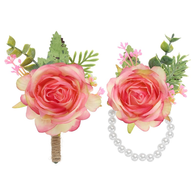 2 Pcs Wedding Rose Bracelet and Button, Pink Wristlet Flower Set