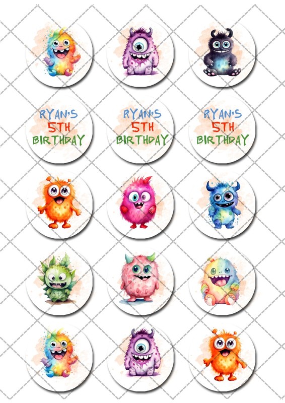 Cute Monsters Pre-cut Edible icing Cupcake or Cookie Toppers gallery