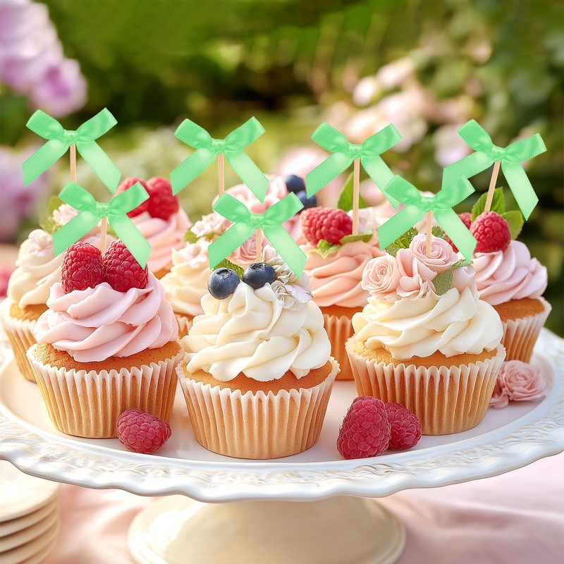 60Pcs Bow Cupcake Toppers Ribbon Bow Cake Toppers for Cupcake Decor[Fruit Green] gallery