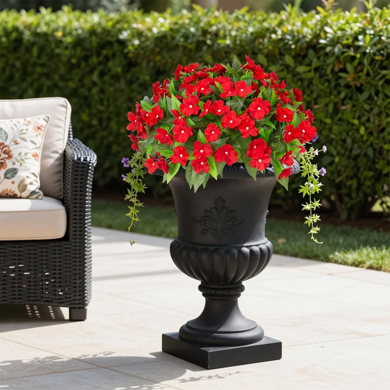 Artificial Impatiens Flowers Red 4Pcs UV Resistant Outdoor Silk Bushes Porch Dec gallery