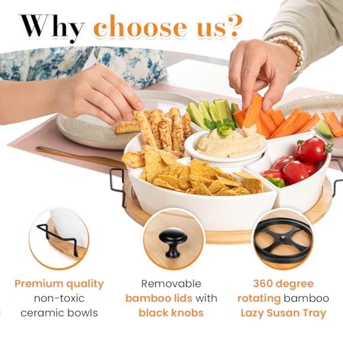Chip and Dip Serving Set | Rotating Bamboo Lazy Susan Appetizer Tray with gallery