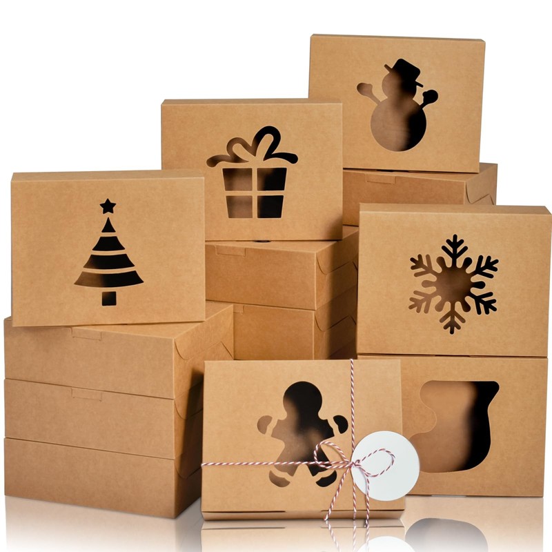 18 PCS Christmas Cookie Boxes Window 9x6x3 Inch Brown Bakery Treat Holiday