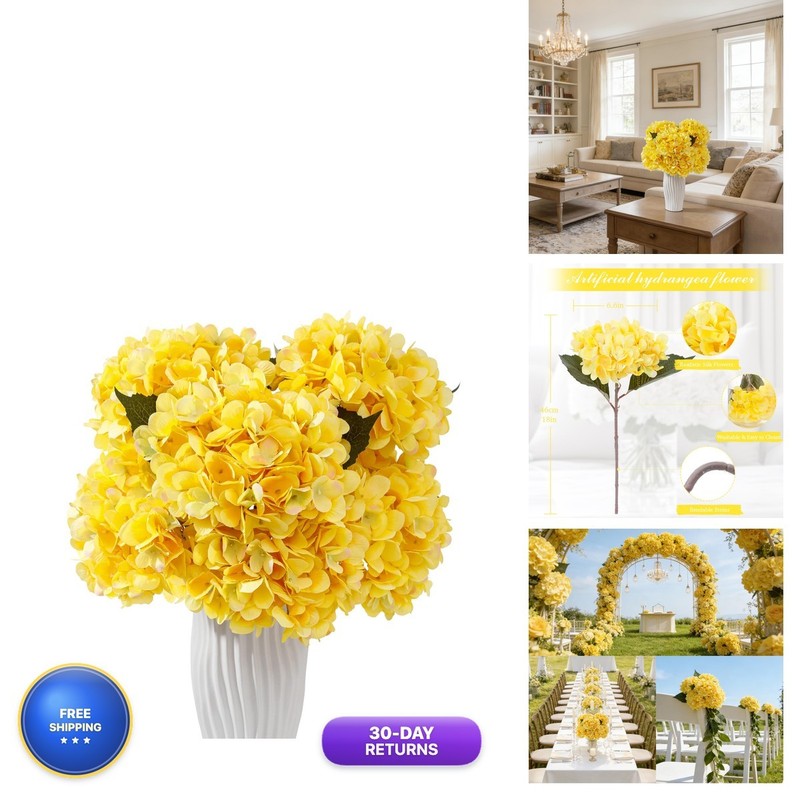 Wenhuidr 6PCS Artificial Silk Hydrangea Flowers, Yellow