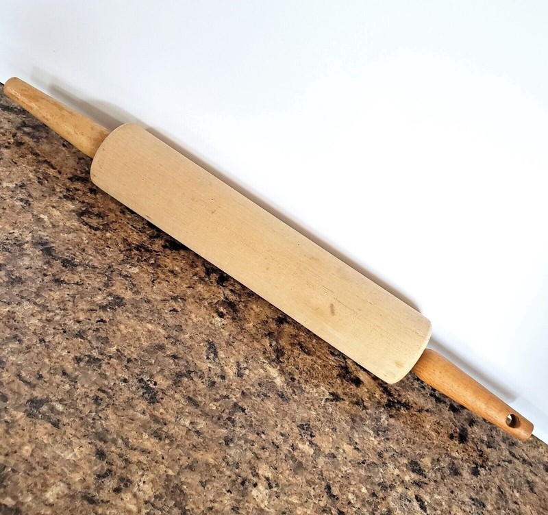 Wooden Rolling Pin 9 1/2″ Roller 17″ with Handles Pastry Baking Dough Pies VTG