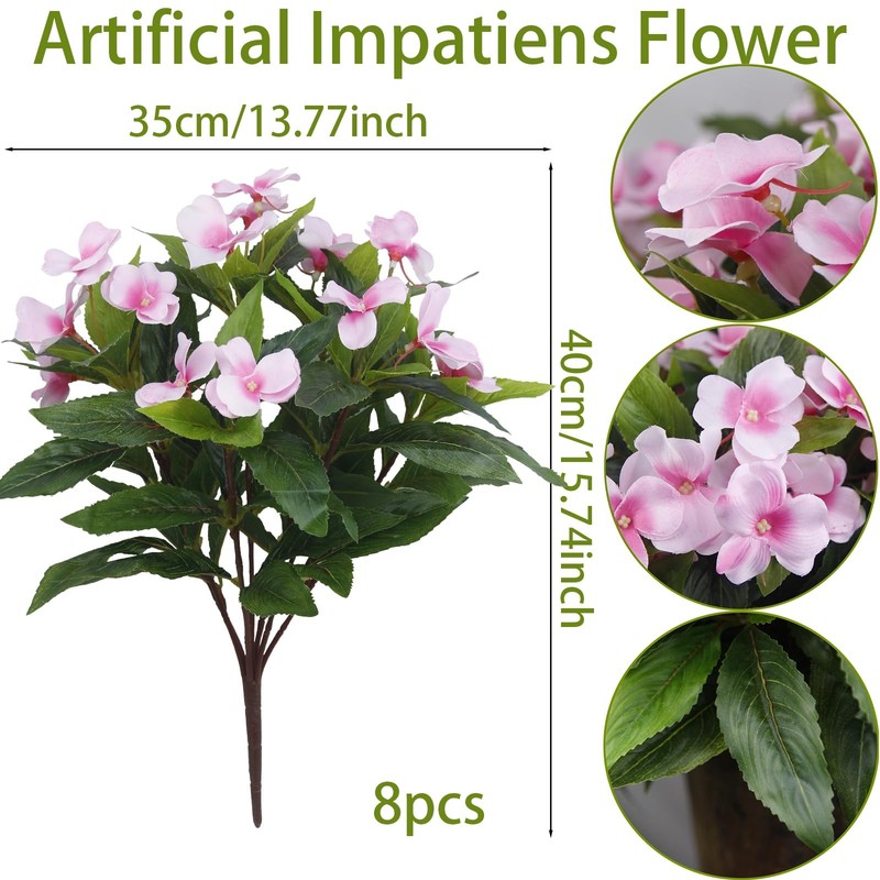 Faicoia 8 Pcs Artificial Impatiens Flowers For Outdoors Faux Impatiens Bushes gallery
