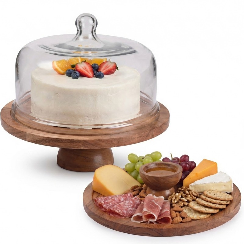 Cake Stand with Clear Dome Lid, Wooden Base Dessert Display Stand for Party