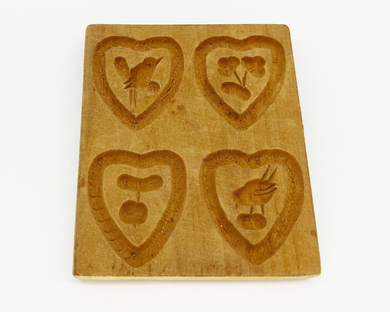 Vtg Dutch German Wood Springerle Carved Sugar Cookie Mold Heart Birds Fruit