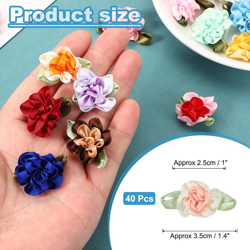 40Pcs 1" Ribbon Flowers Bows Mini Satin Roses Flowers Apricot/Beige gallery