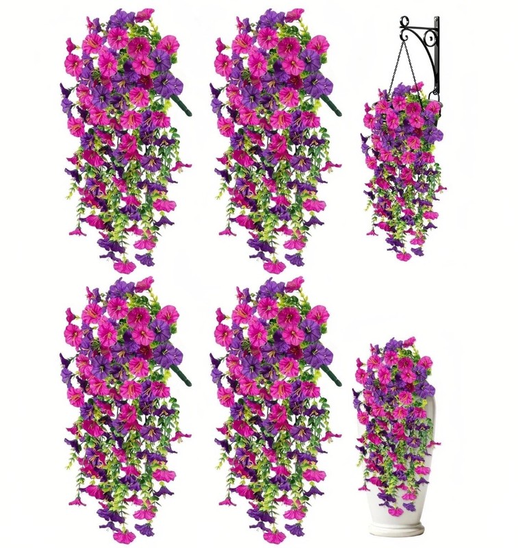 Artificial Hanging Flowers for Outdoors, 4 PCS UV Resistant Purplish-red