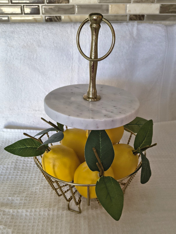 Vintage Marble Gold Tone Wire Fruit Basket Stand Ring Handle 13.5″