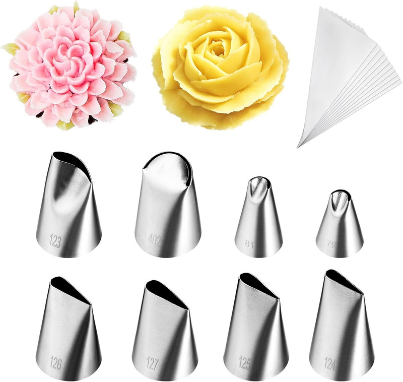 8 Pcs Rose Flower Piping Tips Set,Petal Icing Tips with 10 Pcs Disposable Piping