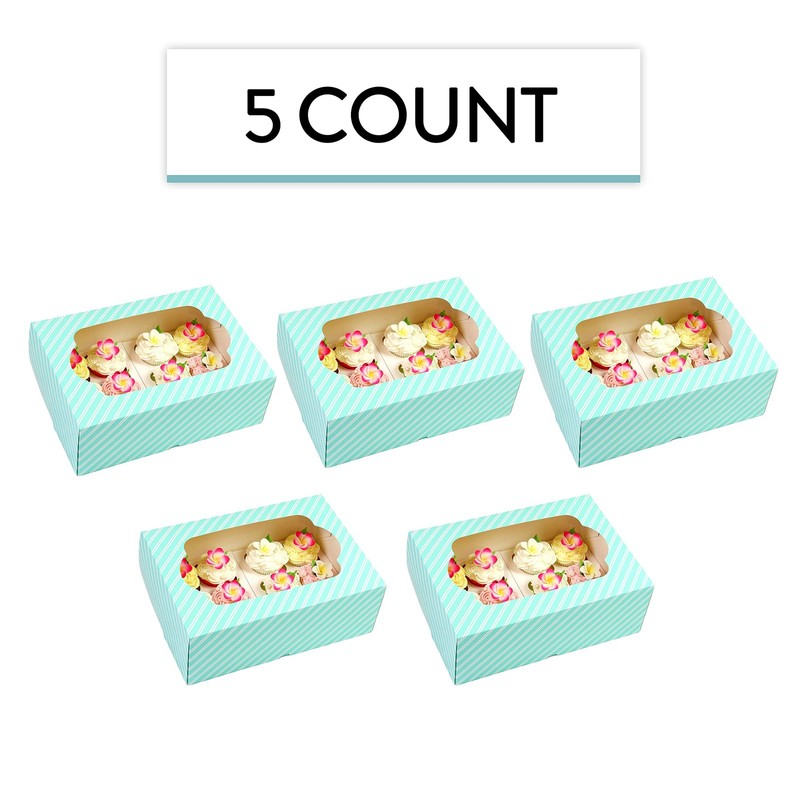 5-Count 14x10x4 inch Cake Cupcake Box Blue Stripe with Window and Insert gallery