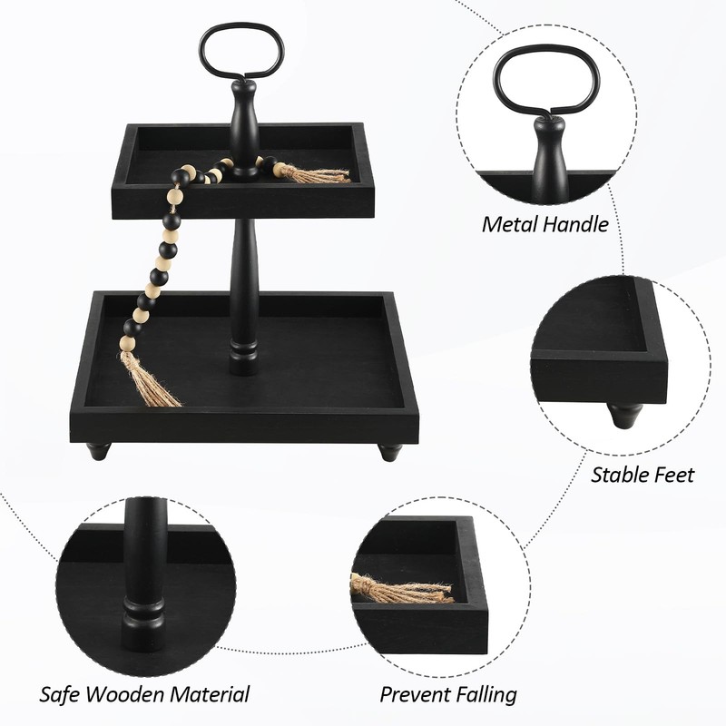 Tiered Tray Stand, Rustic Wooden 2 Tier Decorative 12.6" x x 16", Black gallery
