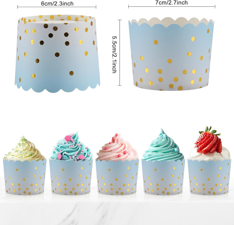 Standard Blue Cupcake Liners with Gold Polka Dots, 50-Pack for Events gallery