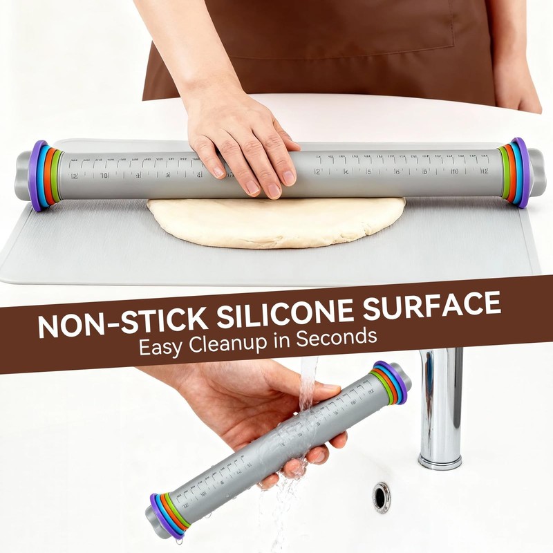 Adjustable Rolling Pin Thickness Rings 12.8 Inch Silicone Dough Roller gallery