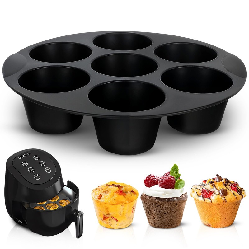 Air Fryer Muffin Pan (7 Cups) – 6.9″ Round Egg 6.9″D x 6.9″W x 1.6″H, Black