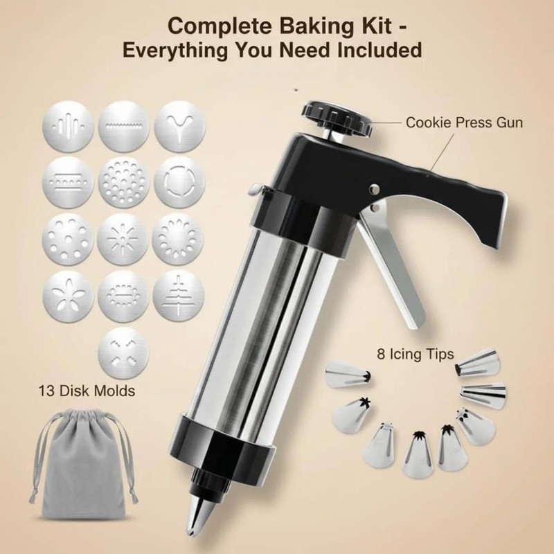 Stainless Steel Cookie Press Gun Kit with 13 Cookie Discs & 8 Piping Tips, Inclu gallery