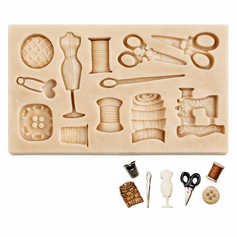 Sewing Kit Buttons Thread Thimble Scissors Mannequin Fondant Resin Silicone Mold