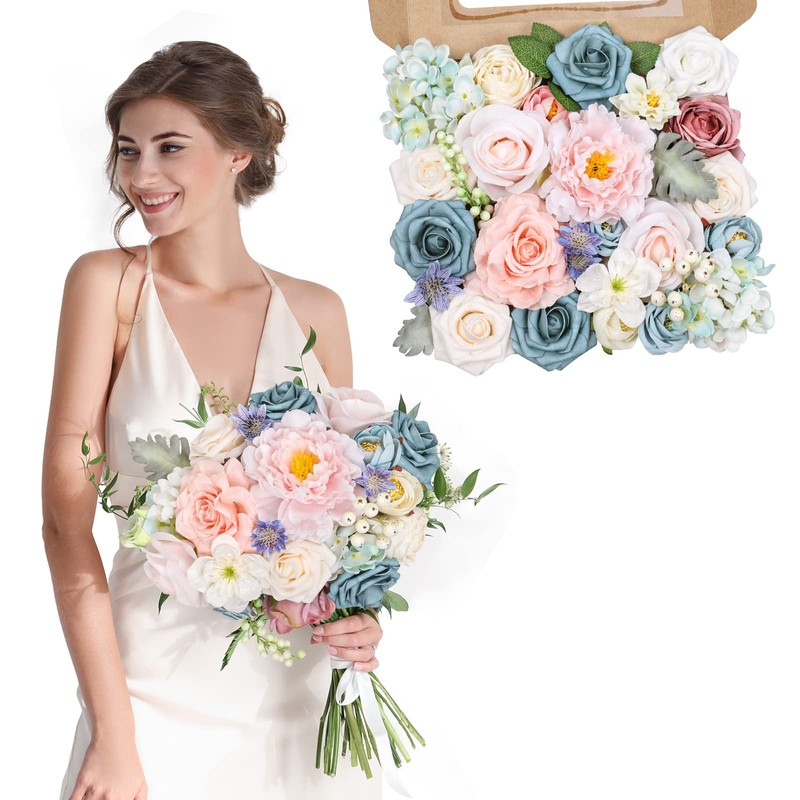 Amyhomie Blue Pink Artificial Flowers Combo Silk Mix Peony Rose Hydrangea Daisy gallery