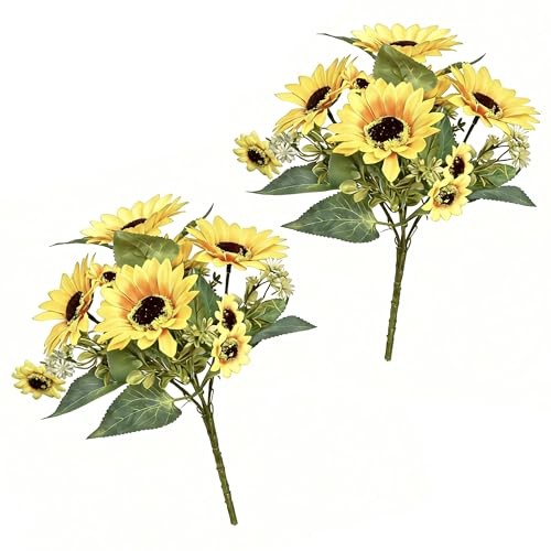 Pack 1’’Artificial Sunflower Bouquets – Faux Sunflower Stems with 2 Sunflowers