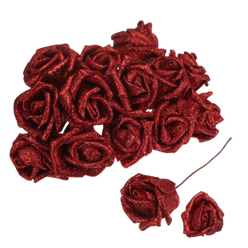 50pcs Glitters Roses Artificial Flowers, Fake Roses with Stems, Red