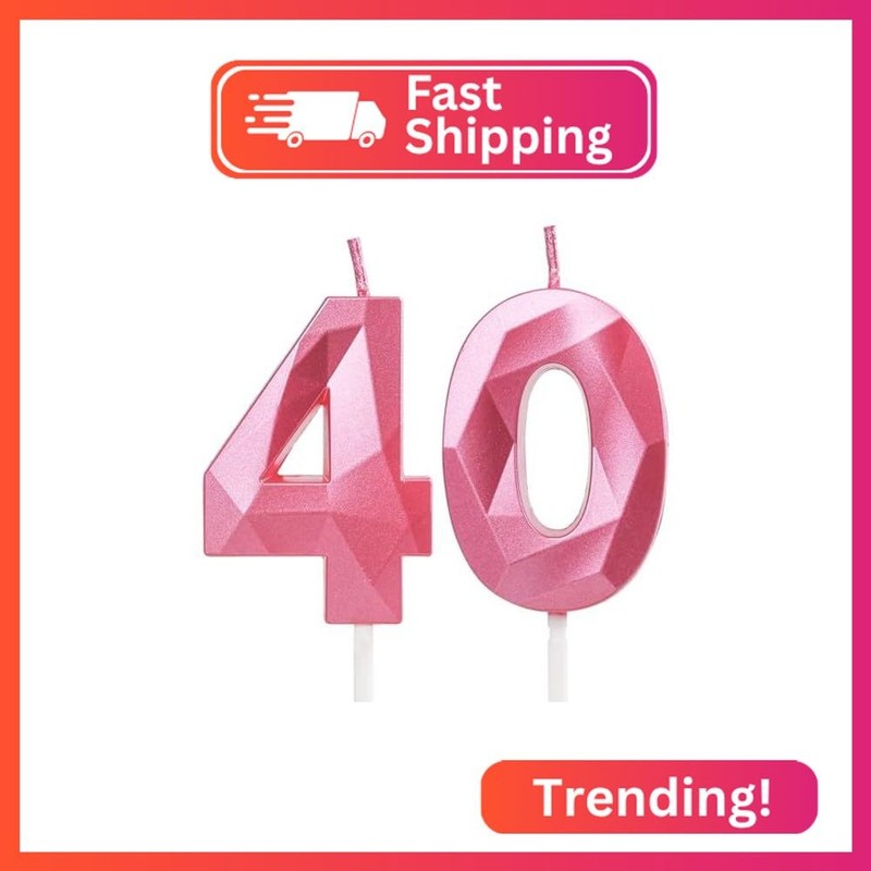 Number 40 Candles,40th Birthday Candles, Pink Happy Birthday Candle for Cake,3D