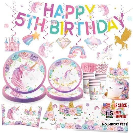 162pcs Unicorn 5th Birthday Decorations for Girl: Unicorn Plates, Napkins,