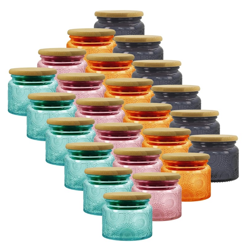 4 oz Decorative Mini Glass Jars with Bamboo Lids (24 pack, 4 Colors)