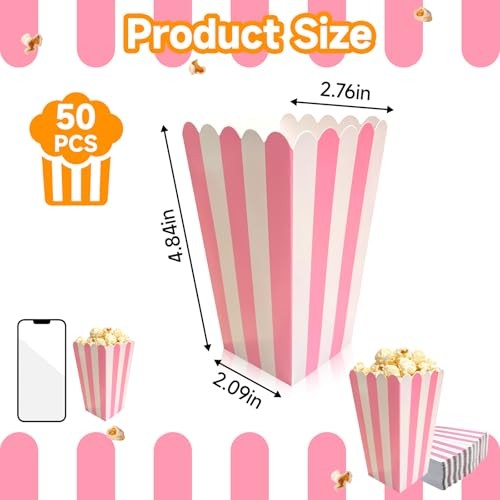 50Pcs Popcorn Boxes,Mini Striped Paper Popcorn Boxes,Perfect for Holding PINK gallery
