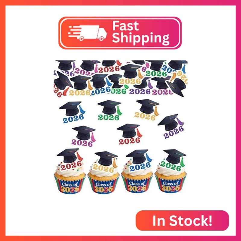 Fyeoxle 42PCS Edible Graduation Cap Cupcake Toppers Wafer Paper Class of 2026 Ca