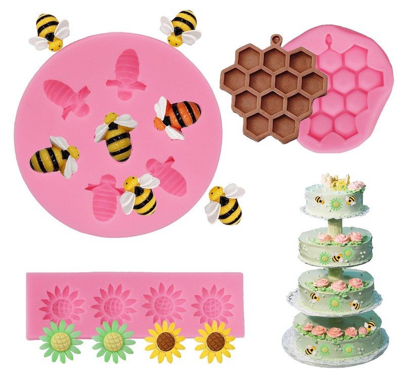 4 Pcs Bumble Bee Silicone Mold Honeycomb Sunflower and Bee Fondant Molds Kit Cup gallery