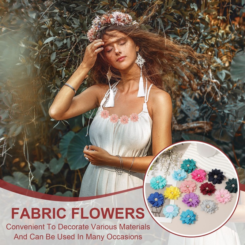 30Pcs 2" Fabric Flowers Rhinestone Pearls Sewing Fabric Flowers White gallery