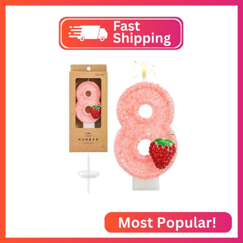 PHD CAKE Number 8 Strawberry Birthday Candles, Strawberry Themed Number Candles,