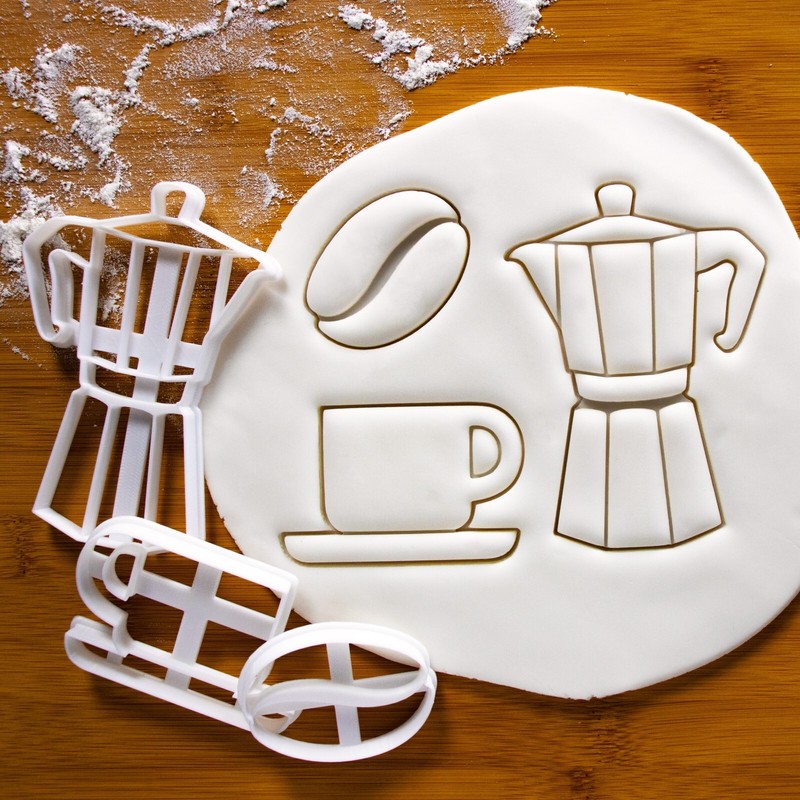 Set of 3 Cookie Cutters – Moka Pot, Coffee Bean, Cup barista cafe espresso maker