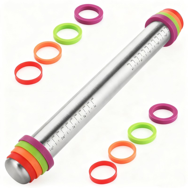 Stainless Steel Rolling Pin with Adjustable Thickness Rings – 4 Interchangeab…