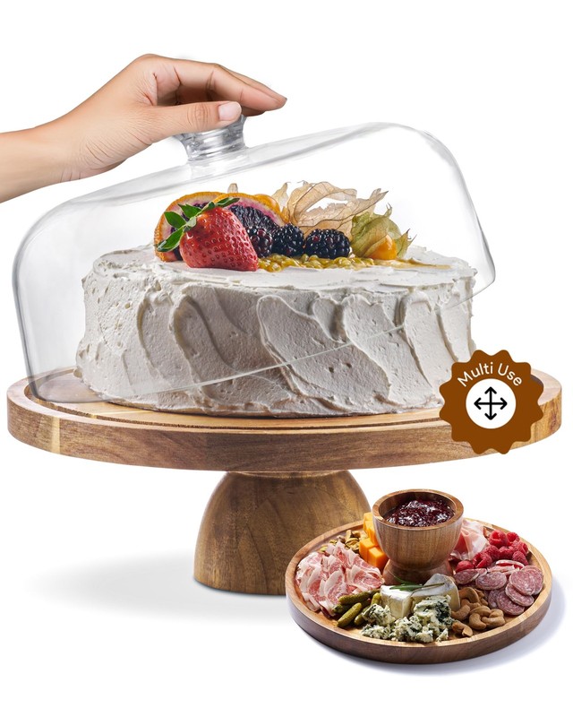 Acacia Wood Cake Stand with Lid – Cake Stand with Dome,12in Round Cake Holder…