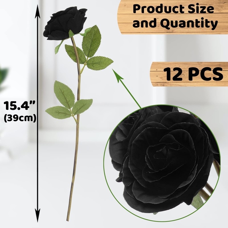 Hananona Black Artificial Roses for Flower Arrangement, 12 Pcs Silk gallery