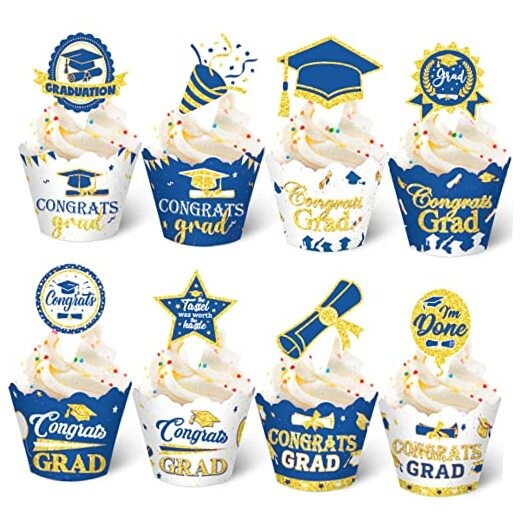 96 Pcs Graduation Cupcake Wrappers Toppers Class of 2026 Congrats Blue Gold