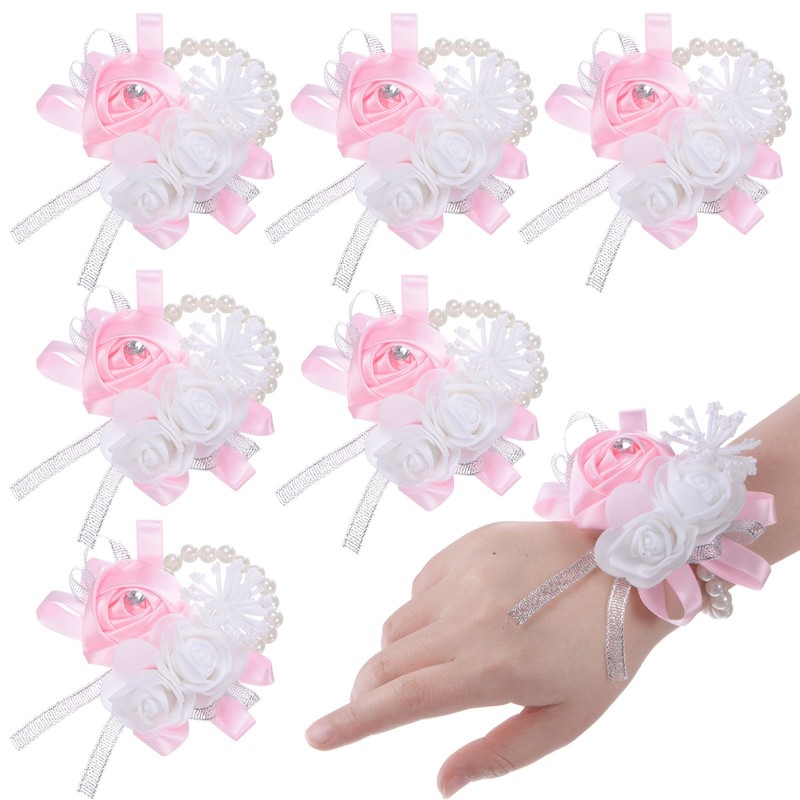 6-Pack Pearl Corsage Wristlet Bracelet for DIY Corsage Supplies [Pink]