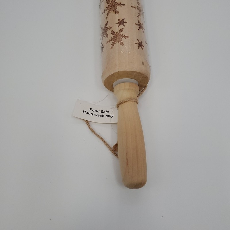 Christmas Rolling Pin Wood Carved Snowflakes 17" Cookie Dough Holiday Baking gallery