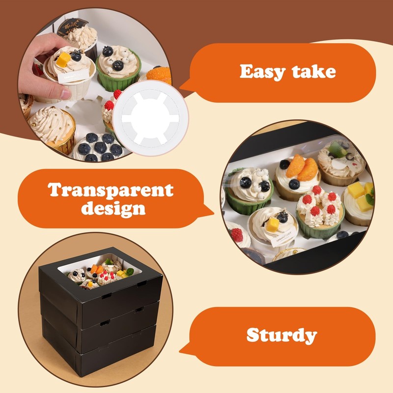 3 PCS Black Cupcake Boxes With Window Hold 12 Count Containers For Desserts gallery