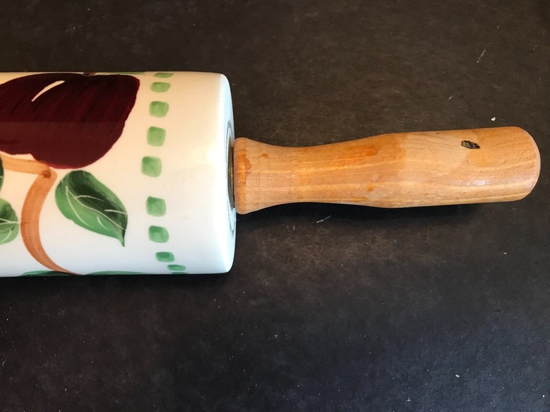 VINTAGE PORCELAIN OR STONEWARE ROLLING PIN, HANDPAINTED APPLES & LEAVES, ABC DIS gallery