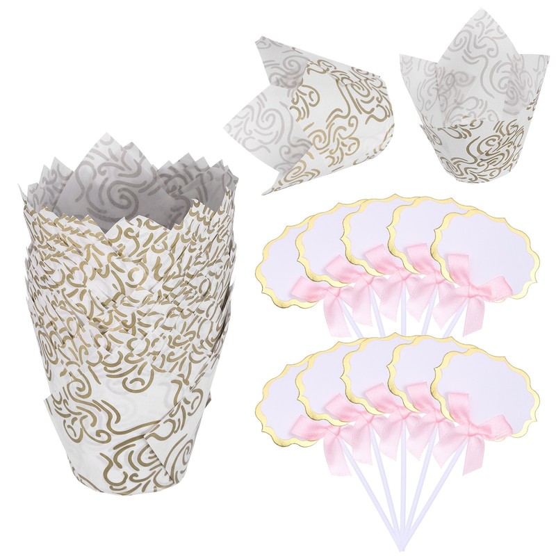 100Pcs Cloud Tulip Cupcake Liners with 10Pcs Cheese Markers, White Gold