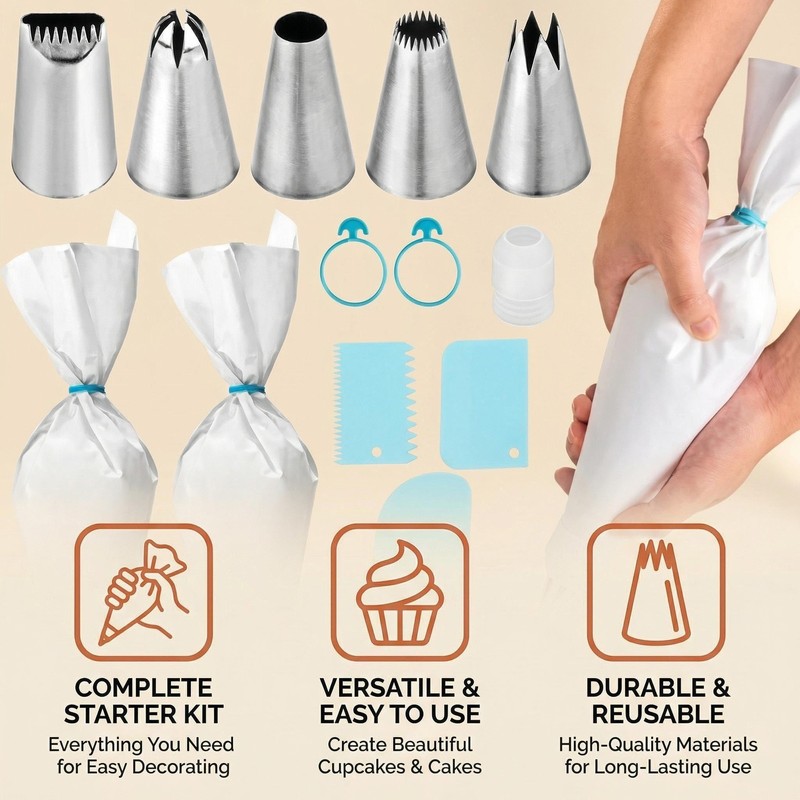 Baking & Pastry Tool Kit, 14 Nozzles & 6 Blue Scrapers, Reusable Bags & Ties,... gallery
